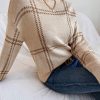 Women's Khaki Plaid Pattern Knitted Long Sleeve Drop Shoulder Sweater - Image 5