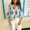 Women's Beau Blue Striped Floral Printed Long Sleeve Tied V Neck Blouse - Image 3