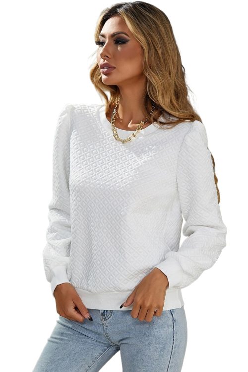 Women's White Textured Puff Long Sleeve Round Neck Top