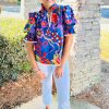 Women's Blue Abstract Print Frilled Collar Ruffled Puff Short Sleeve Top - Image 3