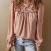 Gossamer Pink Floral Embroidered Blouse with Flounce Sleeves - Elegant Women's Top - Image 5