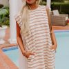 Women's Khaki Stripe Sleeveless Mini Dress with Pockets - Casual Round Neck Style - Image 13