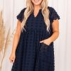 Navy Blue Plus Size Ruffled Dress with Polka Dot Texture and Notched Neck - Image 7