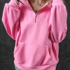 Women's Bonbon Pink Zip-up Stand Neck Kangaroo Pocket Sweatshirt - Image 3