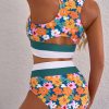 Women's Green Floral Print 2-Piece Bikini - Racerback Cutout High Waist Swimsuit - Image 3