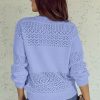 Women's Sky Blue V Neck Drop Shoulder Sweater with Eyelet Pattern Detail - Image 7