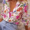 Women's Red Floral Print Slim Fit Button Down Collar Shirt - Image 2