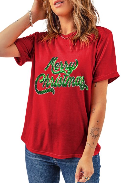 Women's Red Merry Christmas Graphic Crewneck T-Shirt - Festive Holiday Tee