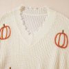 Women's Beige Cable Knit Pumpkin Raw Hem V Neck Sweater - Image 9