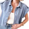 Women's Dusk Blue Denim Pinup Folded Cap Sleeve Shirt - Stylish Cropped Blouse - Image 24