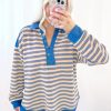 Women's Blue Stripe Buttoned V Neck Collared Drop Shoulder Long Sleeve Top - Image 5