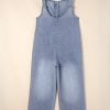 Women's Stone Blue Washed Denim Half Button Wide Leg Overalls with Pockets - Image 6