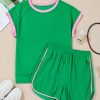 Women's Bright Green Two Tone Contrast Textured Crewneck Tee and Shorts Set - Image 12