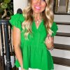 Women's Bright Green Double Ruffle Sleeve Peplum Blouse - Flattering V Neck Top - Image 4