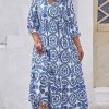 Plus Size Sky Blue Geometric Print Lace-up Notch Neck Maxi Dress - Image 8