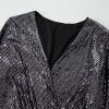 Women's Black Sequin Mesh Long Sleeve Surplice Neck Bodysuit - Image 16