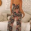 Women's Black Floral Print Belted Sleeveless Wide Leg Jumpsuit for Summer - Image 2