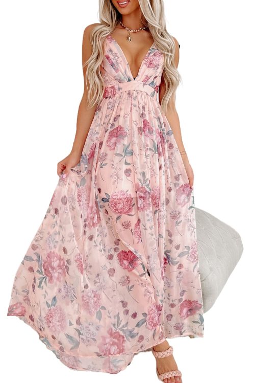 Women's Pink Floral Pleated Bust Backless Maxi Dress with Empire Waist