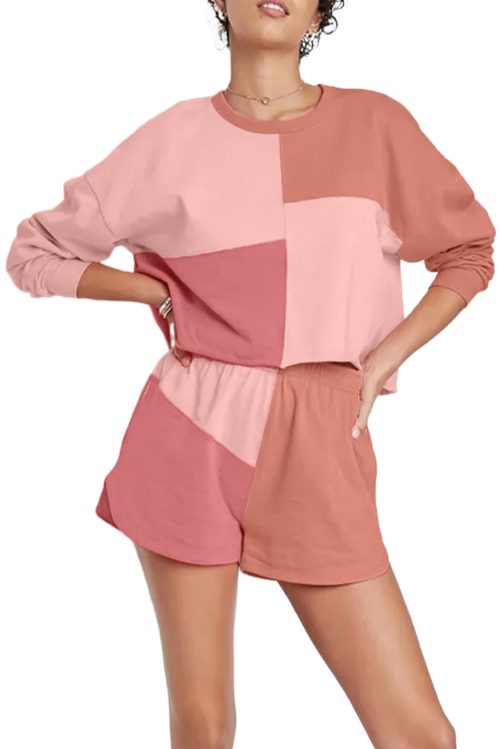 Peach Blossom Colorblock Patchwork Long Sleeve Short Set for Women