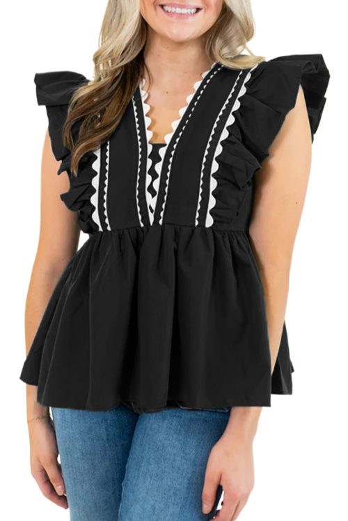 Women's Black Contrast Ricrac Trim Ruffled V Neck Peplum Top for a Chic Look