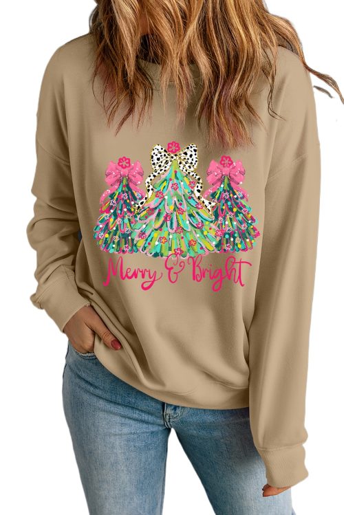 Women's Khaki Merry & Bright Christmas Tree Print Pullover Sweatshirt