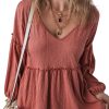 Women's Mineral Red Textured Frilled Trim V Neck Puff Sleeve Blouse - Chic and Casual - Image 15