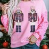Women's Pink Nutcracker Graphic Sequin Patchwork Long Sleeve Top - Festive Holiday Fashion - Image 3