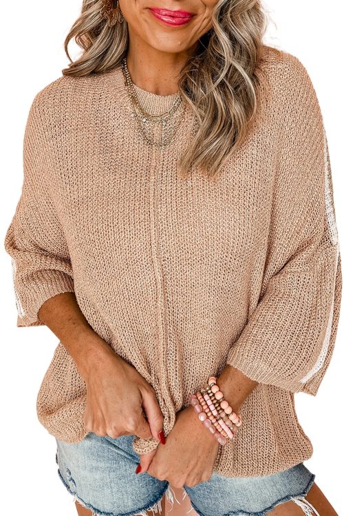 Women's Light French Beige Contrast Striped 3/4 Sleeve Crew Neck Sweater