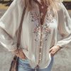 Women's Beige Floral Embroidered Textured Puff Sleeve Loose Shirt - Image 7