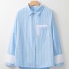 Women's Sky Blue Stripe Contrast Cuffed Sleeve Casual Shirt with Patch Pocket - Image 8