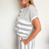 Women's Gray Stripe Mixed Print Short Sleeve Top and Pocketed Shorts Set - Image 3