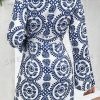 Women's Blue Floral Print V Neck Wrapped Knot Long Sleeve Shift Dress - Image 2