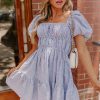 Women's Sky Blue Stripe Bubble Sleeve Square Neck Ruched Pocketed Babydoll Dress - Image 12