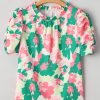 Elegant Women's Green Abstract Print Frilly Neck Ruched Short Sleeve Blouse - Image 4