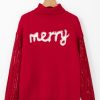 Women's Racing Red Merry Graphic Turtleneck Sweater with Sequin Sleeves - Image 8