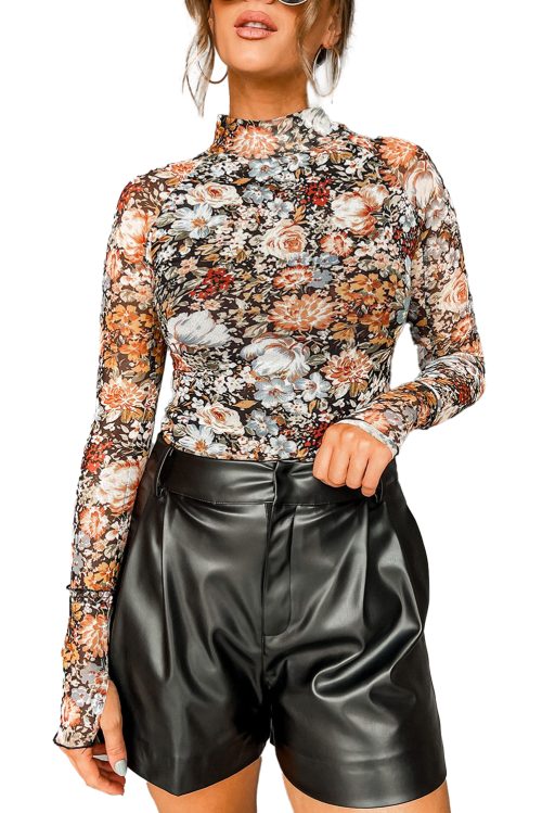 Women's Brown Floral High Neck Long Sleeve Sheath Blouse