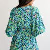 Chic Green Abstract Print Puff Sleeve V Neck High Waist Romper for Women - Image 2