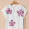 Women's White Floral Applique Notched V Neck Dolman Sleeve Top - Casual Summer Style - Image 5