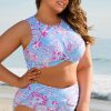 Sky Blue Plus Size Floral Print Twisted High Waist Bikini Set for Women - Image 8