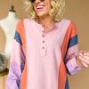 Women's Pink Colorblock Long Sleeve Henley Top with Button Detailing - Image 3