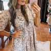 Women's Beige Floral Puff Short Sleeve Empire Waist Mini Dress for Summer - Image 6