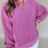 Women's Bright Pink Solid Color Notched Neck Drop Shoulder Sweatshirt - Image 2