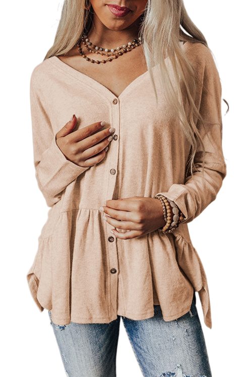 Chic Women's Jet Stream Solid Ruffled V Neck Buttoned Shirt