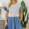 Chic Women's Black Stripe Ruffle Denim Patchwork Mini Dress - Image 6