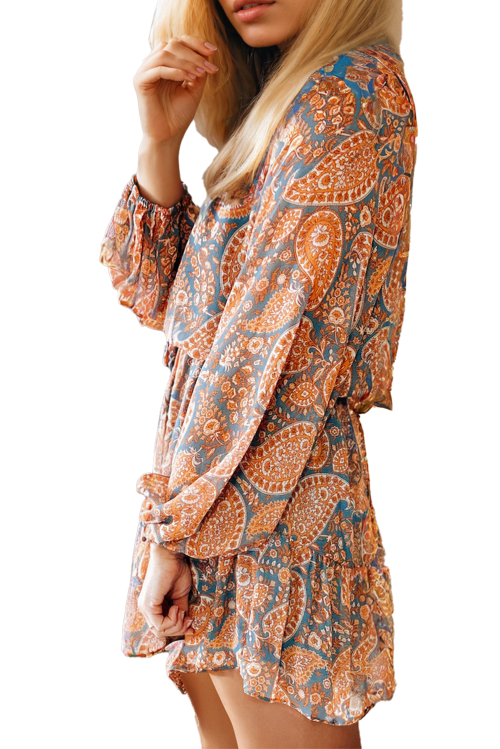 Women's Orange Paisley Print Loose Fit Drawstring High Waist Mini Dress