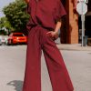 Women's Red Dahlia Textured Loose Fit T-Shirt and Drawstring Pants Set - Image 3