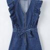 Women's Sail Blue Denim Ruffled Zipped Front Belted Romper - Trendy Summer Fashion - Image 10