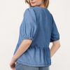 Women's Dusk Blue Tied Front Bubble Sleeve Peplum Denim Shirt - Image 2