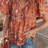 Women's Orange Floral Print Ruffled Flutter Sleeve Frilled V Neck Blouse - Image 2