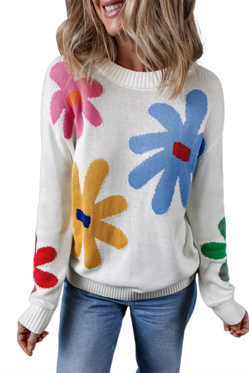 Women's White Floral Pattern Crew Neck Sweater